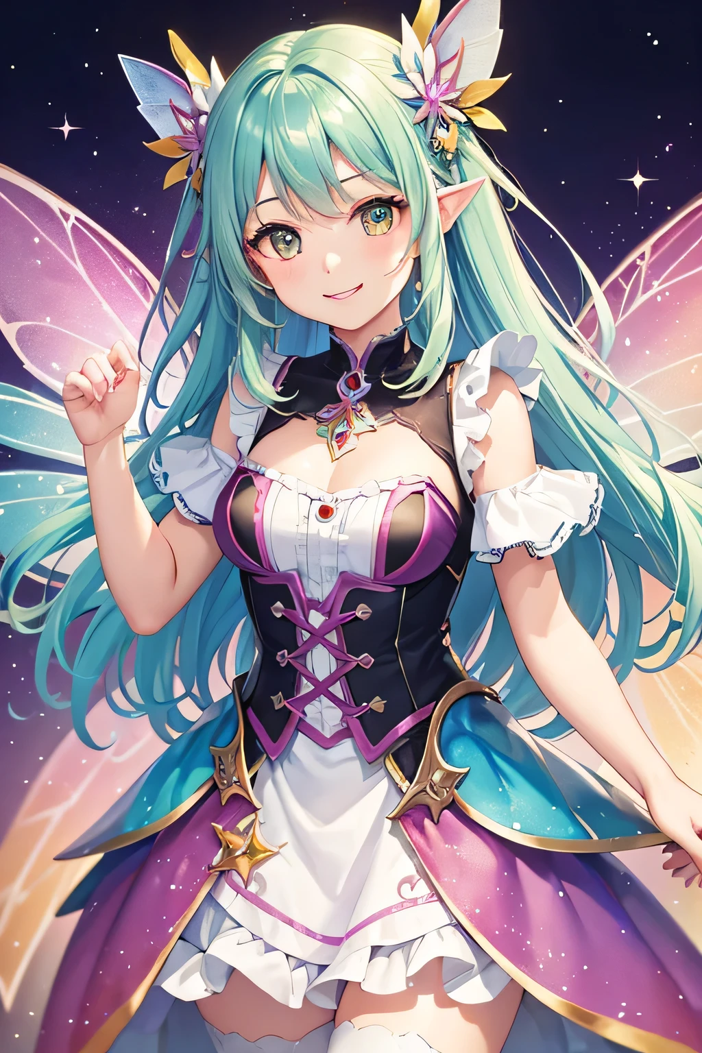 highest quality, 8k, Very detailed, Rainbow colored blurry fairy spirit, break , Watercolor style background with gear shapes in vibrant rainbow colors、smile