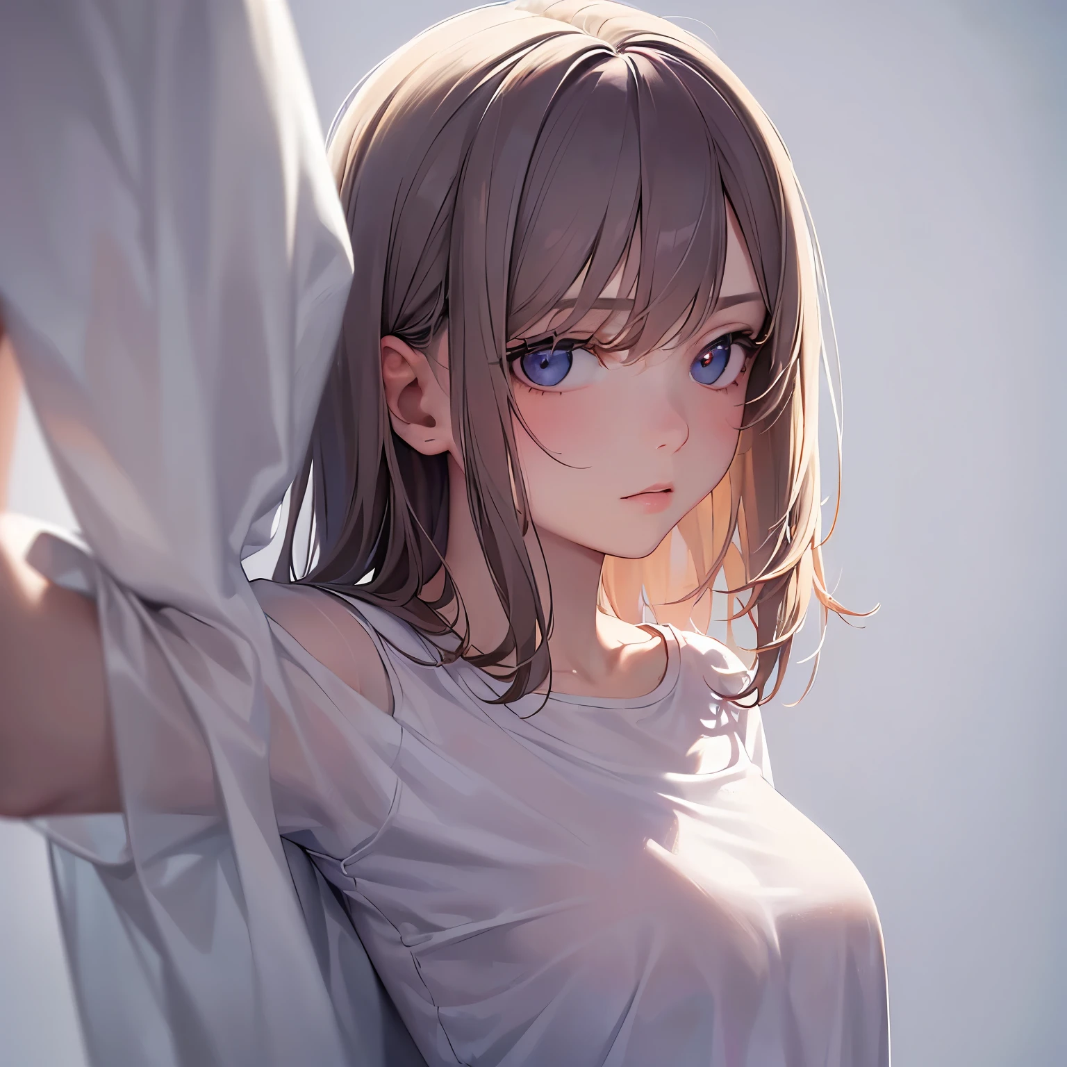 (Masterpiece, best quality,:1.2), 1 girl, (alone:1.3), upper body, white shirt, short sleeve, , (dead, realistic, real life, special, The best aesthetics, new, newest, best quality, Masterpiece:1.2), soft_light, soft_skin_tone, female_hair, (white background, simple background,:1.2),