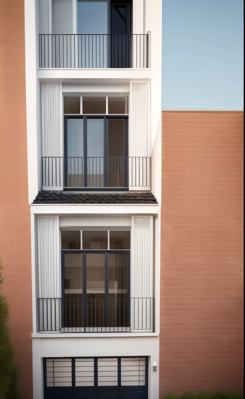 realistic images, extremely detailed, une maison moderne,(((1 route devant la maison))), large ceramic courtyard, (1 voiture), brick fence, pelouse, quelques petites fleurs, une route devant la maison, the main materials of the house are white walls and red brick, Design moderne, ciel bleu clair, Sunrise light, the light of the'interior, dynamic light,Shimmering light, cinematic light, sentiment romantique, (((day light, warm light)))