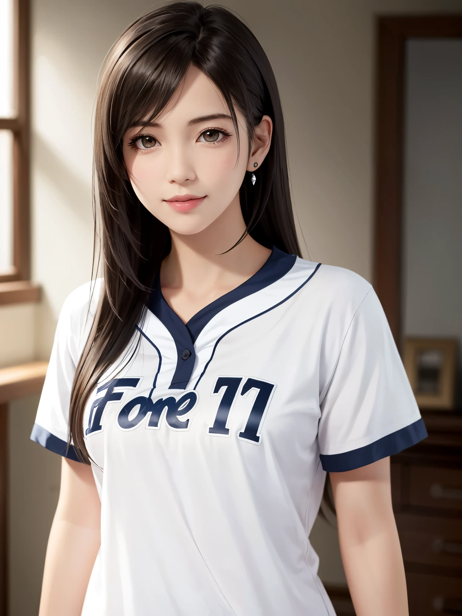 {{top quality, masterpiece}}, (Realistic: 1.3), BREAK {{{FF7,Tifa_lockhart, solo}}},(wearing a baseball shirt:1.3,loose oversized baseball shirt:1.3) ,  (her bedroom, indoor),(gravure pose:1.1),Ultra-detailed face, Detailed eyes, Red eyes, BREAK (((FF7,Tifa_lockhart))),(black brown hair, Large breasts: 1.0), BREAK (no bra),(no panties),About 18 years old,kawaii,shy:1.1,erotic smiling, evil grin, aroused