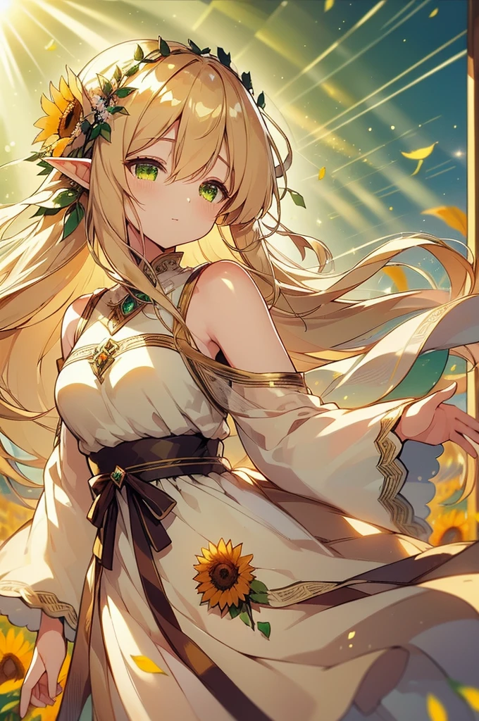 (masterpiece, best quality, highres:1.3), ultra resolution image, (1girl), (solo), kawaii, blonde hair, long flowing hair, elf, emerald eyes, gentle breeze, sunflowers, sunflower field, petal, sparkling magic, (soft sunlight:1.3), fantasy, nature accessories, happy