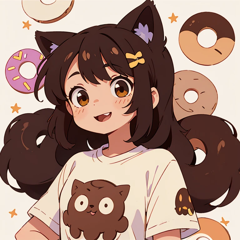 Una chica neko con cabello chispitas en el cabello , con una camisa de una donut de chocolate con cara alegre y feliz 
