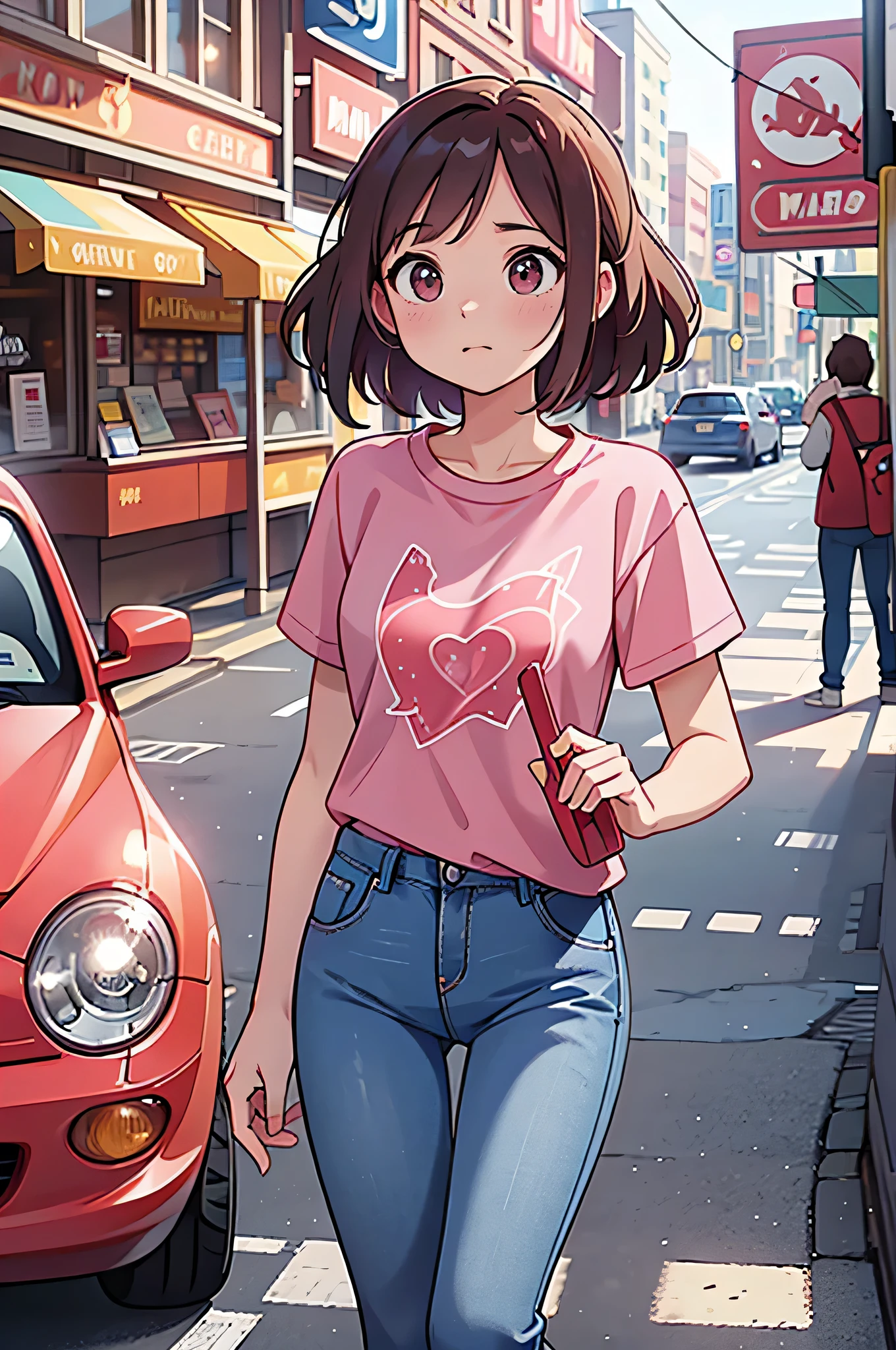 Vision flow of a beautiful woman walking down the street, The sun shines on her pink T-shirt and faded blue jeans., A red car running in the background, A world of sparkling lights.