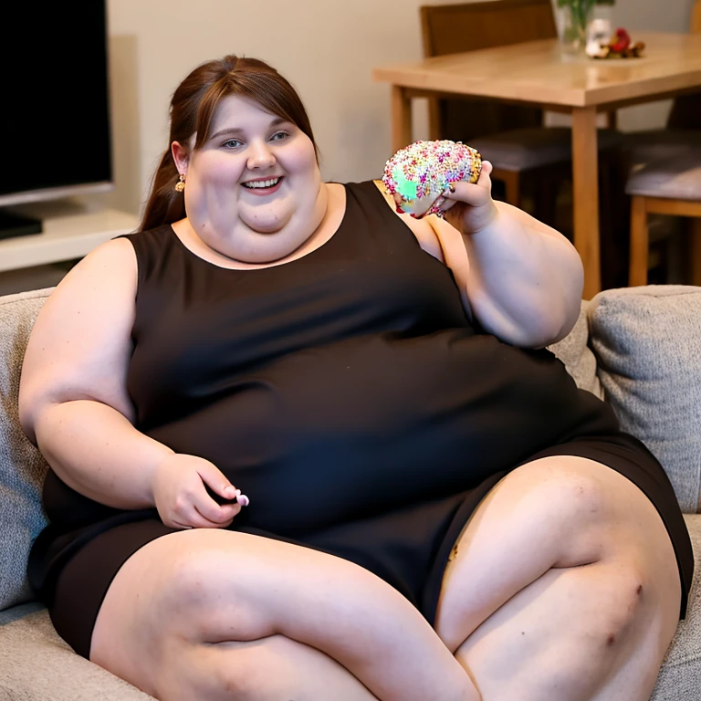 obese girl pink sleeveless dress relaxing on couch watching tv eating messy dripping jar of nutella surrounded by donuts ice cream soda bottles candy bars chocolate sauce stains happy blissful contended expression