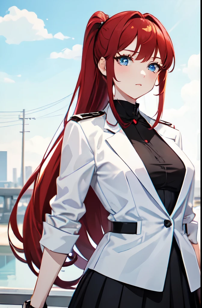 Girl, red hair, ponytail hairstyle, blue eyes, size 2 breasts, height 170 centimeters, 18 years old, beautiful, anime style, girl dressed in a black miniskirt, white blouse, clear and beautiful eyes.