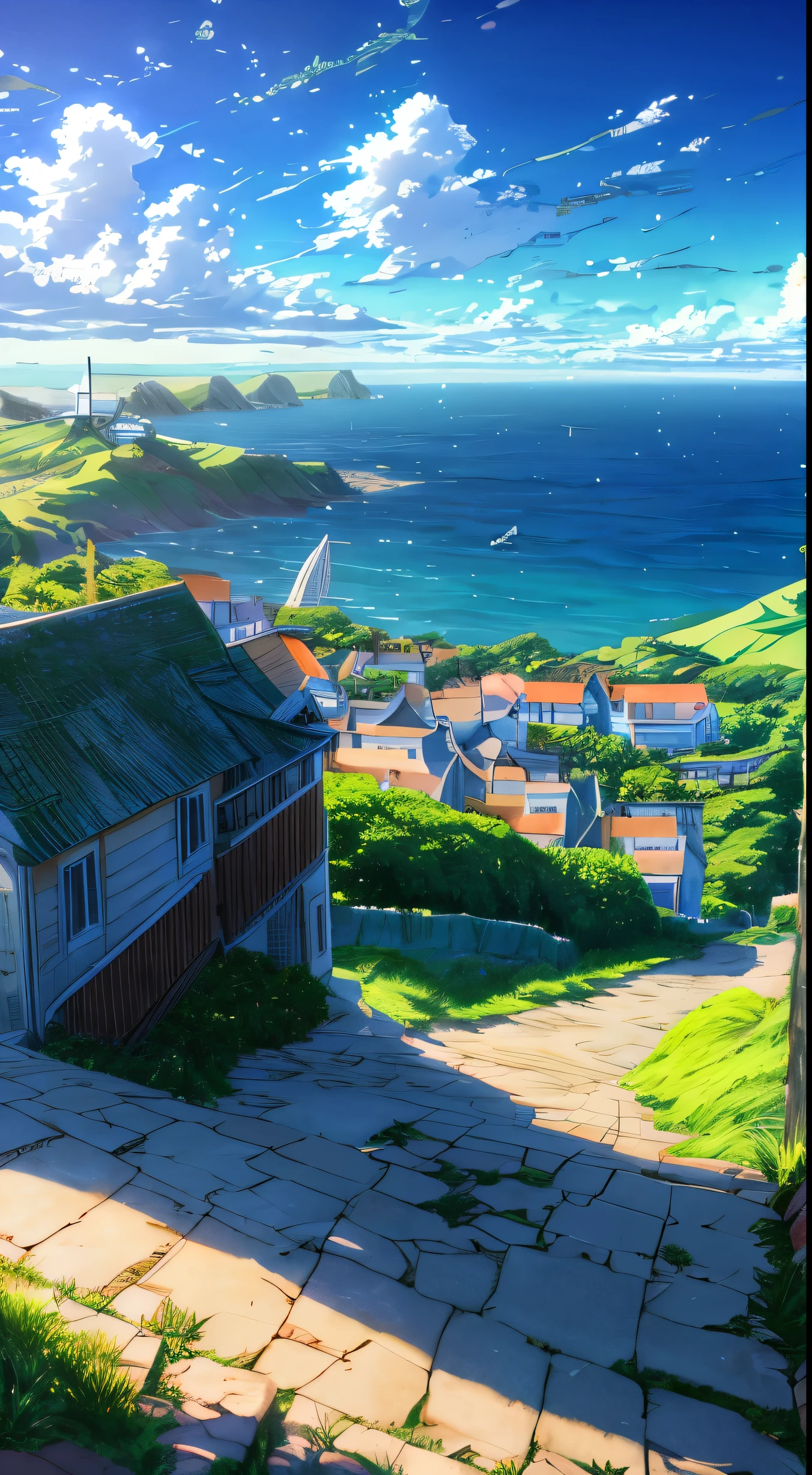 windmill on a hill overlooking the ocean, anime countryside landscape, anime landscape, anime scenery, beautiful anime scenery, anime scenery concept art, anime nature, studio ghibli landscape, anime landscape wallpaper, scenery artwork, anime background art, studio glibly makoto shinkai, anime background, painted in anime painter studio, hills and ocean, ocean cliff view