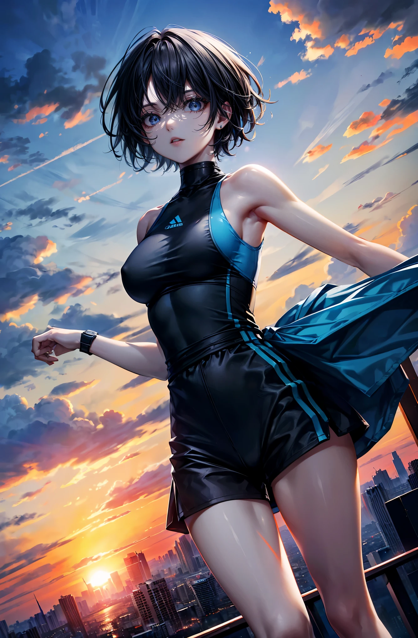 Hyper Quality、8K quality、High resolution、Image quality captured with a single-lens reflex camera、(software)、Perfect Anatomy、(Black Grey Short Hair、Shoulder-length hair:1.2)22 year old beauty.Mature face、blue eyes(Sharp look:1.4)(Nice shape and normal breasts)
BREAK
(Wear a blue sporty outfit with lines、running shoes:1.3)
Look to the side(Perfect Anatomy:1.4)break(watch the sunrise、Looking away:1.2)(The orange morning sun is dazzling🌇:1.3)(Fresh green tree々There is a park、Next to the lake:1.1)