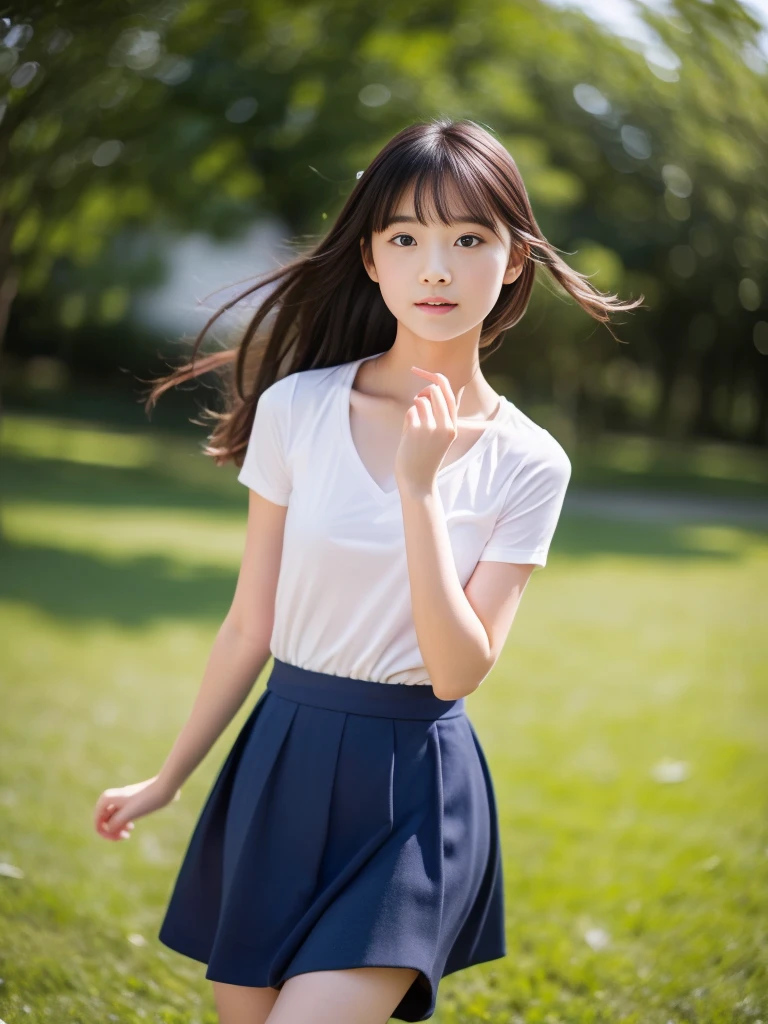 (masterpiece, highest quality:1.4), Award-winning portraits, 8k, 85mm, alone, Beautiful Face, Delicate girl, (Cheerleader、On the grass), Sophisticated, cute, 15 years old, RAW Photos, Confused, High resolution, Sharp focus, Background blur、(((Flat 、thin and delicate body、Childish atmosphere)))、shiny semi-long hair、ponytail、Mole on the left cheek、 Dark blue eyes、High Kick、the skirt is swaying in the wind、Hair swaying in the wind、sexy、Flexible legs