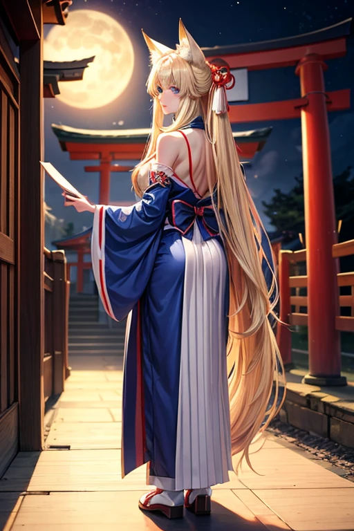 Long blond man No breasts Kemomimi Blue Eyes Shrine maiden costume with fan in hand Back view Turning around Dancing Domestic torii night darkness unrealistic Fox fire all around