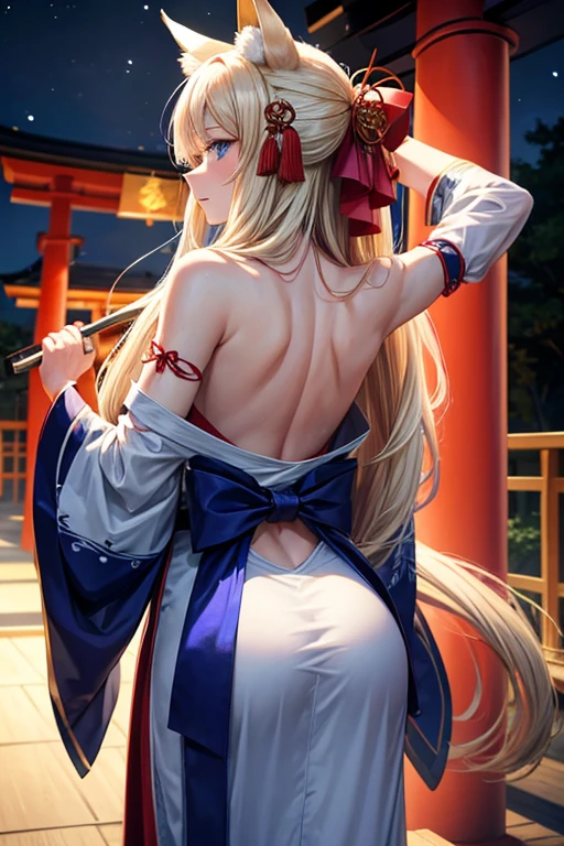 elf woman, fantasy style, blonde hair, long straight hair, bangs, sky blue eyes, (white fabric), bare shoulders, under bust, thin abdomen, behind she wears blackpanties, which squeeze her buttocks, giant breasts, pointed ears , shows her butt, good figure, Japanese version, exposing her buttocks much more in the movements where they are visible. Kimono up to the crotch, white with colorful flowers, revealing clothing, breasts, seductive, facing the viewer, looking at the viewer , afrobull, white panties, from behind, ass, looking back