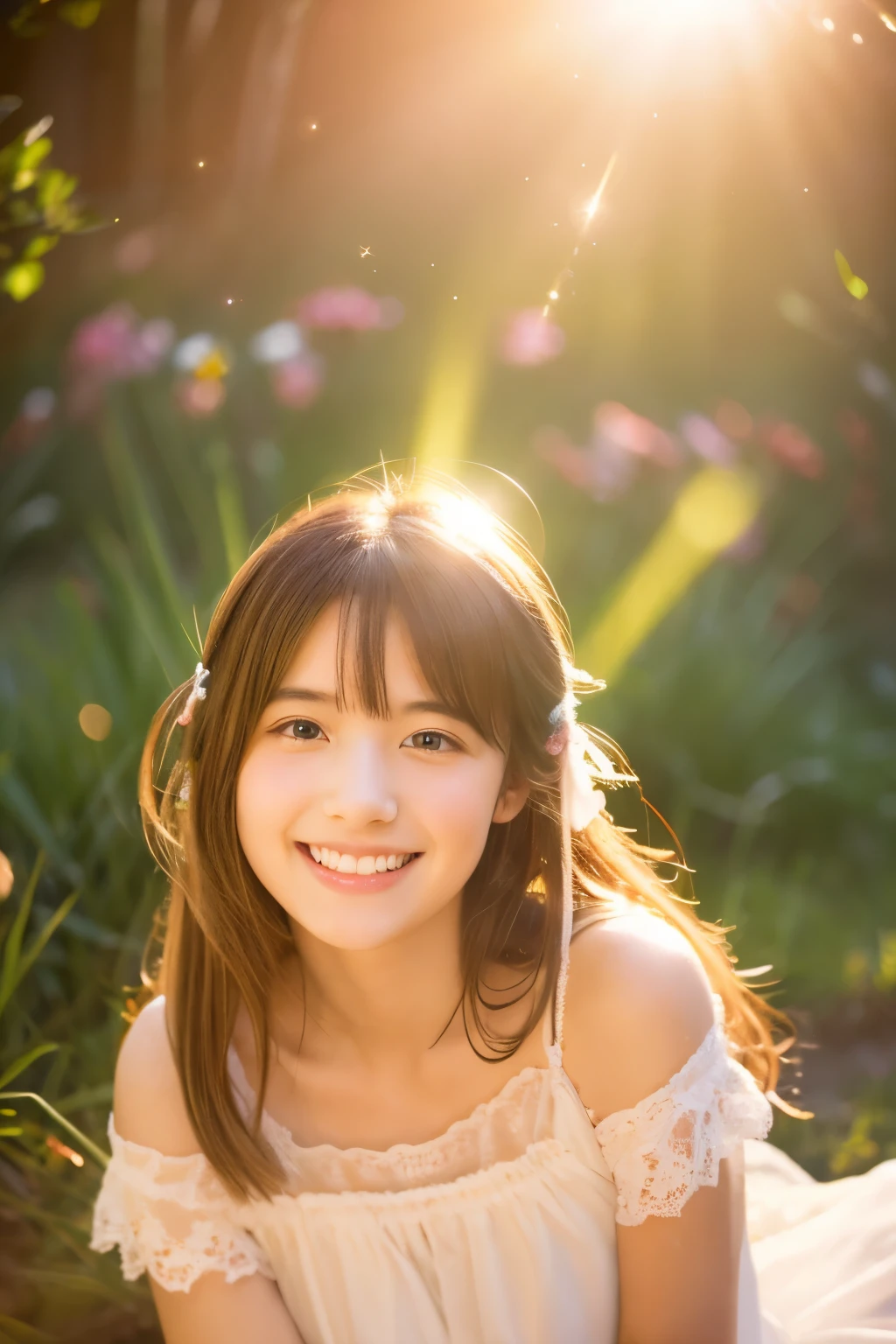A cute bathed in angelic light A cute girl smiling surrounded by fairies