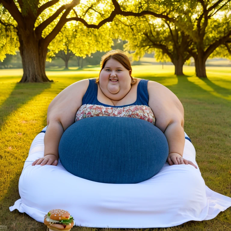nature scene out doors under a large oak tree sunshines all around hyper-obese woman in the world who sits on the grass with her enormous belly resting on the ground before her and butterflies in her hair and birds singing, a large bacon cheeseburger on a silver plate sits on the ground, she reaches for the burger but her belly is in the way, realistic, pronounced top half, fat chest, enormous stomach, full body shot, fair skin, no glasses, Caucasian, happy and content