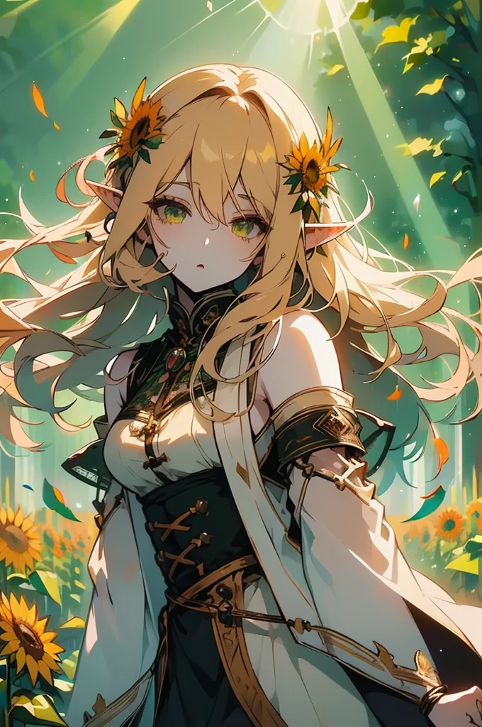 (masterpiece, best quality, highres:1.3), ultra resolution image, (1girl), (solo), kawaii, blonde hair, long flowing hair, elf, emerald eyes, gentle breeze, sunflowers, sunflower field, petal, sparkling magic, (soft sunlight:1.3), fantasy, nature accessories, happy