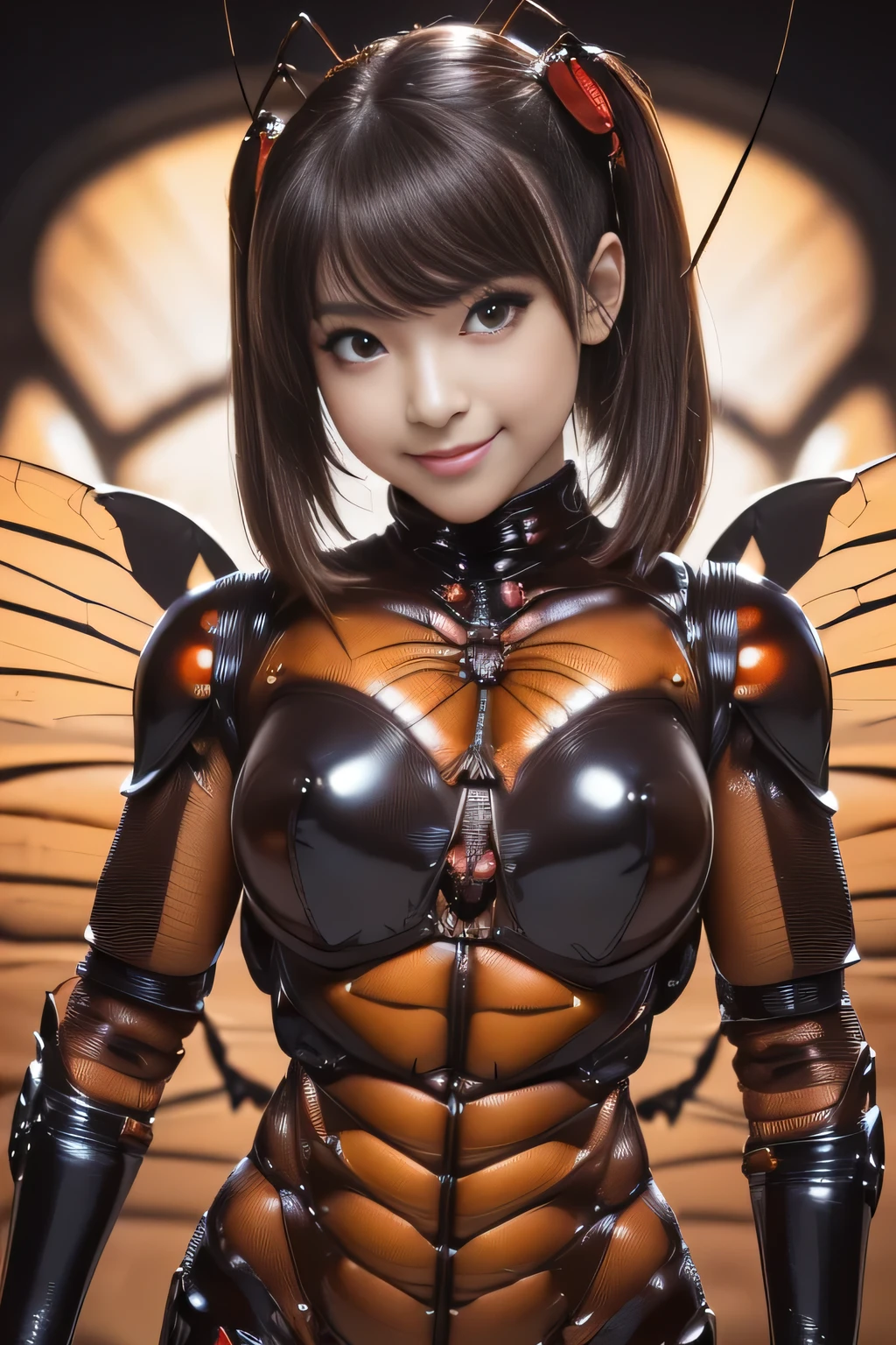 (high resolution,masterpiece,best quality,extremely detailed CG, anime, official art:1.4), realistic, photo, amazing fine details, all intricate, gloss and shiny,awesome many layers, 8k wall paper, 3d, sketch, kawaii, illustration,( solo:1.4), perfect female proportion,villainess, (fusion of dark brown cockroach and lady:1.4), (brown cockroach form lady:1.2), (brown cockroach lady:1.2), (fusion:1.2), (solo:1.4), (evil smile:1.2), muscular, abs, (cockroach brown exoskeleton bio insect suit:1.4), (cockroach brown exoskeleton bio insect armor:1.2), (brown transparency cockroach wing:1.4), (brown cockroach antennae:1.3),