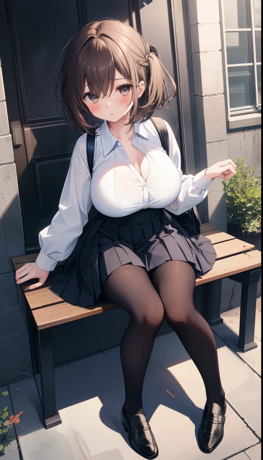 One Girl、Positive、From above、Full body portrait、Brown haired、Medium Haircut、blush、Absolute area、Knee socks、stockings、pantyhose、レースpantyhose、White underwear、Cleavage、Light blue cut shirt、Unbutton your shirt、Shirt buttons fly off、Navy blue checkered pleated skirt、Very short skirt、garden、Daytime、(Very big boobs)、((Full Body Lesbian))、masterpiece、(highest quality)、Panties around the ankles、loafers、The wind blows up my skirt