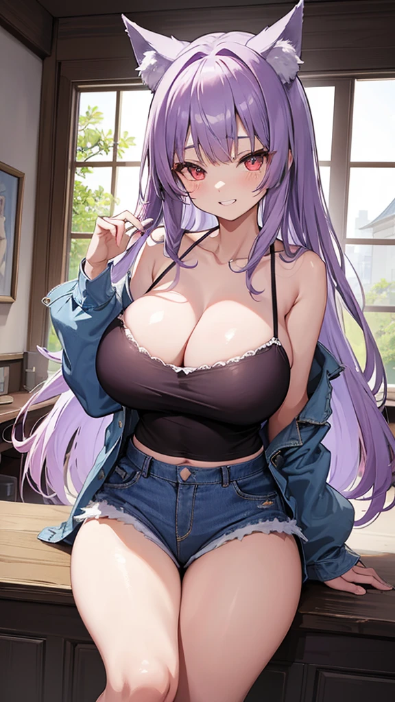 最高masterpiece、Wolf Girl, Large Breasts, Voluminous light purple hair, masterpiece , Red eyes, hd, Thick thighs, Head to Chest, buried in my chest、Double teeth、tooth、Chubby、Grinning、camisole、Big Tits、Denim Jacket、white iris、