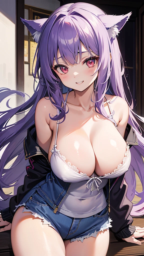 最高masterpiece、Wolf Girl, Large Breasts, Voluminous light purple hair, masterpiece , Red eyes, hd, Thick thighs, Head to Chest, buried in my chest、Double teeth、tooth、Chubby、Grinning、camisole、Big Tits、Denim Jacket、white iris、