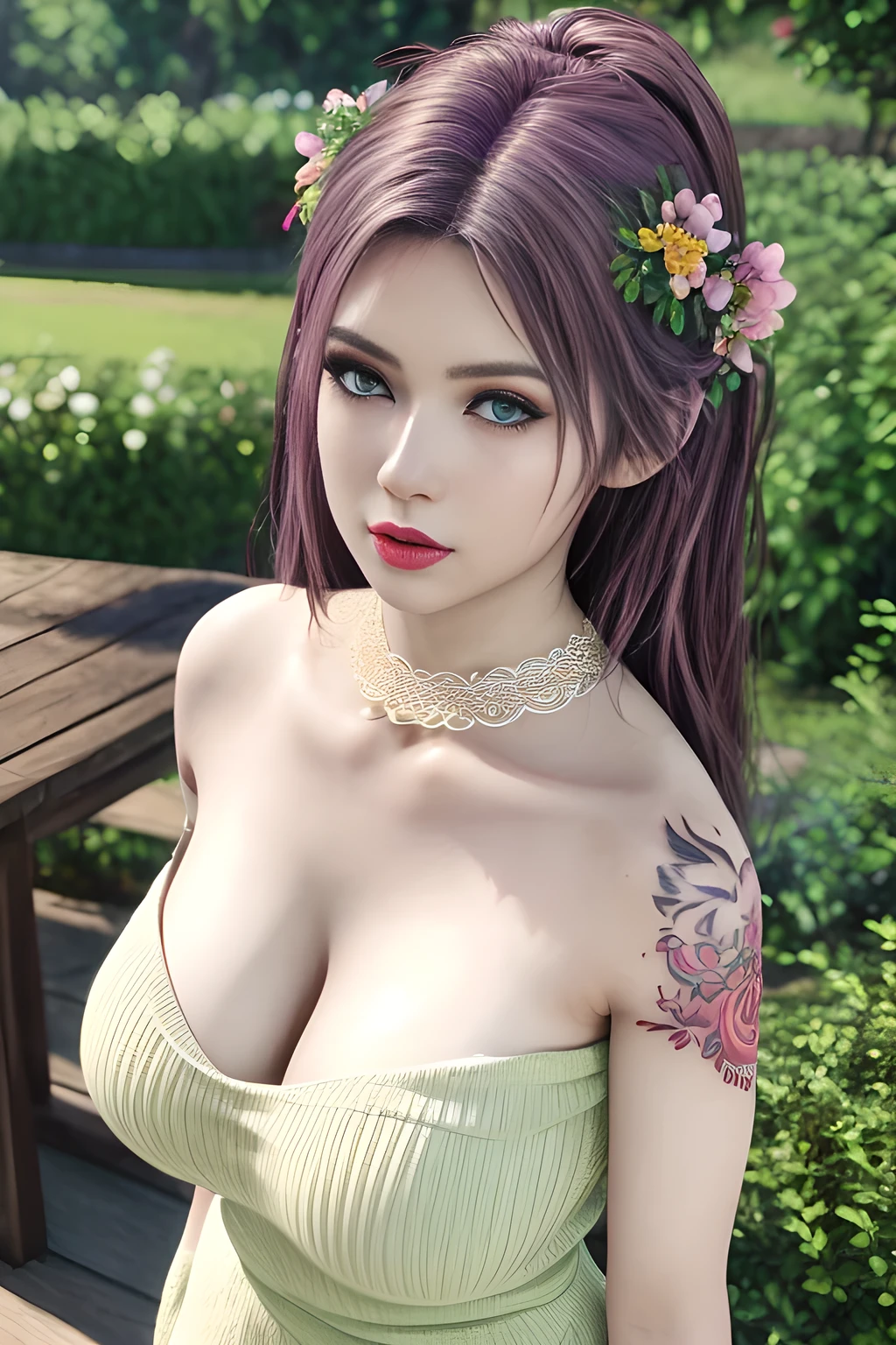 1girl, in a garden, white knit dress, appealing cleavage,( beautiful tattoo:1.2), overhead view, beautiful detailed eyes, beautiful detailed lips, extremely detailed eyes and face, long eyelashes, greenery around, blooming flowers, bright sunlight, shady trees, outdoor setting, feminine charm, detailed texture, snug fit, fashionable, soft fabric, radiant skin, (best quality,4k,8k,highres,masterpiece:1.2), ultra-detailed, (realistic,photorealistic,photo-realistic:1.37), elise,