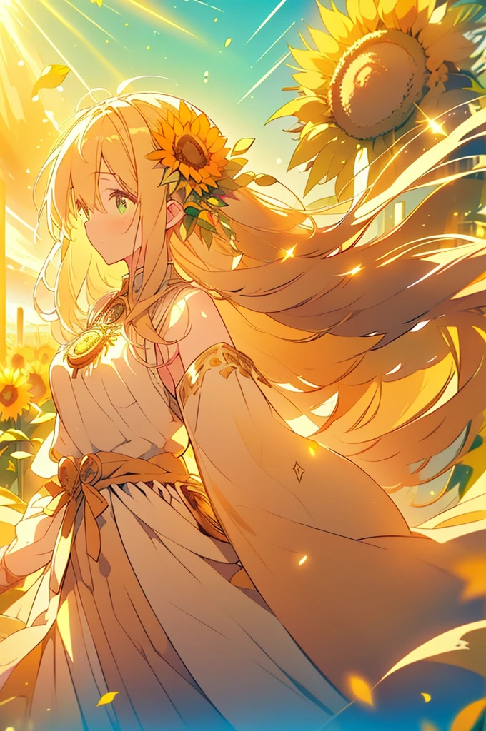 (masterpiece, best quality, highres:1.3), ultra resolution image, (1girl), (solo), kawaii, blonde hair, long flowing hair, elf, emerald eyes, gentle breeze, sunflowers, sunflower field, petal, sparkling magic, (soft sunlight:1.3), fantasy, nature accessories, happy