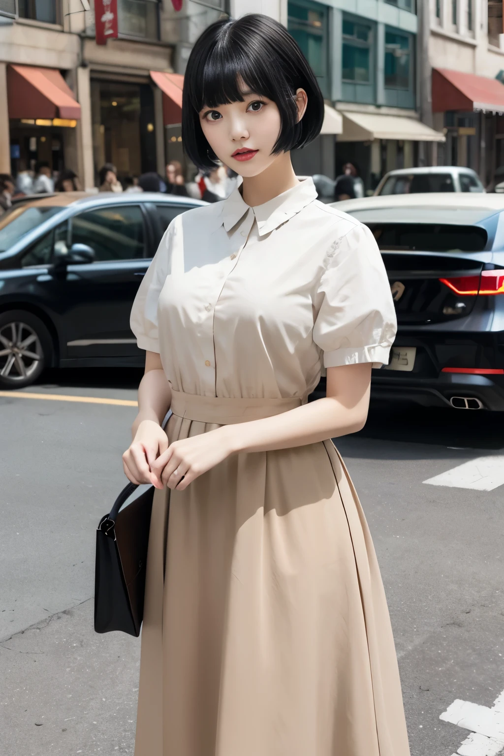 Masterpiece、highest quality、Woman 1、Super detailed　Black Hair、short hair、Blunt Bangs　Beige buttoned dress、Long skirt　Right in the middle of the city、A crowded city