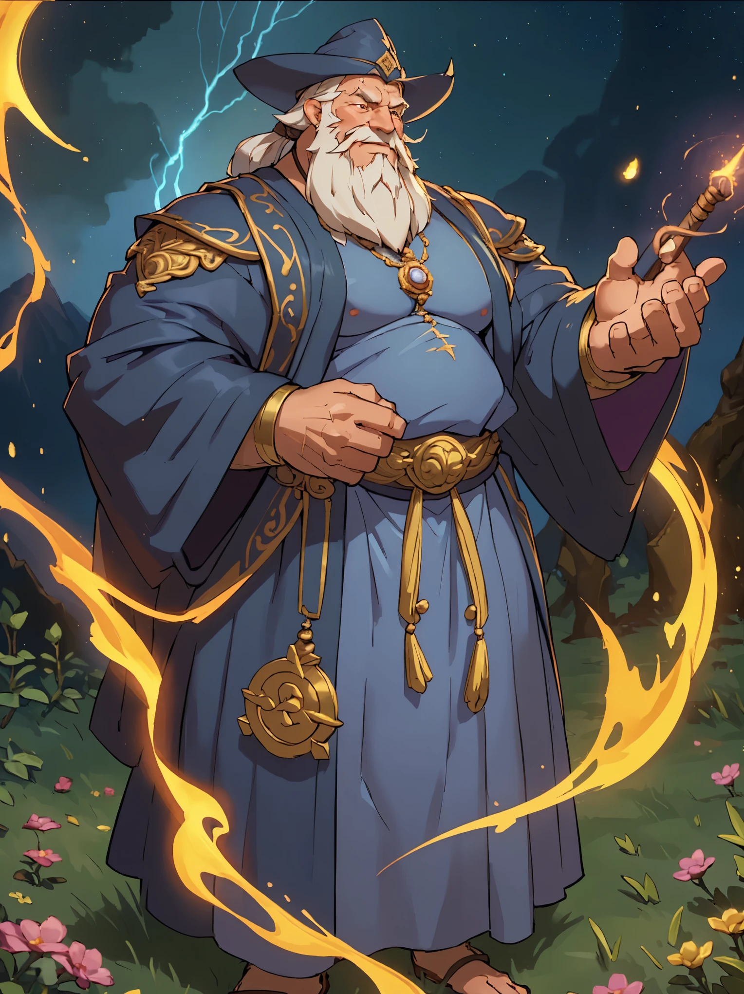 (huge, muscular, shirtless) old man wizard, (casting spell), (circle magic), (meadow), (detailed) eyes, (long beard), (long flowing robe), (brightly colored hat), (ancient) staff, (wisdom), (powerful), (ancient) runes, (golden) amulet, (mysterious) aura, (glowing) eyes, (mystical) energy, (crackling) lightning, (intense), (majestic) presence, (deep) wrinkles, (powerful) hands, (commanding) voice, (twinkling) eyes, (enchanting) smile, (peaceful) expression, (otherworldly) powers, (magical) incantations, (heavy) footsteps, (ancient) tome, (floating) spellbook, (wispy) white hair, (aromatic) herbs, (illuminated) sigils, (spellbinding) rituals, (ethereal) whispers, (transforming) illusions, (enigmatic) demeanor.
**(best quality,4k,8k,highres,masterpiece:1.2),ultra-detailed,(realistic,photorealistic,photo-realistic:1.37),HDR,UHD,studio lighting,ultra-fine painting,sharp focus,physically-based rendering,extreme detail description,professional,vivid colors,bokeh**, (portrait), (magical) landscape, (vibrant) colors, (warm) tones, (soft) lighting, (captivating) scenery.