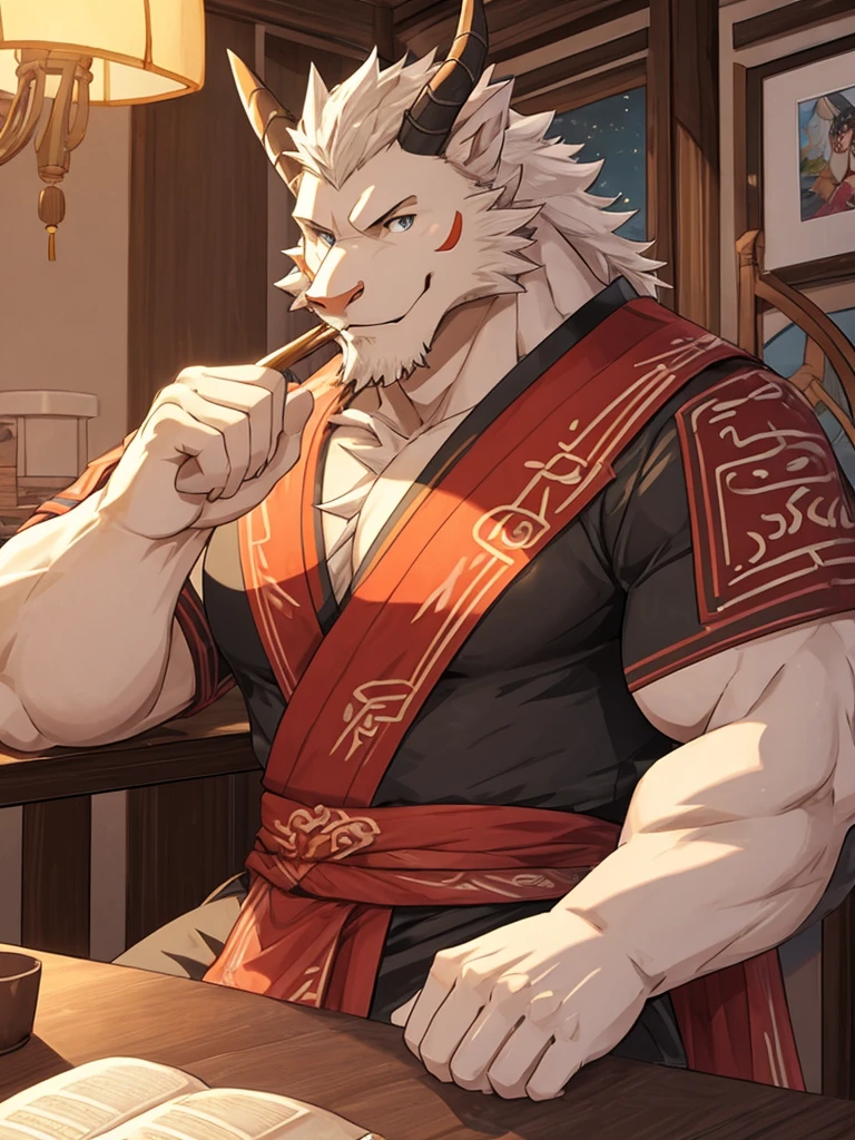 (white eastern dragon),furry,white mustache,big pecs,hearty males,muscular,black imperial robe,adult,traditional_chinese_room，head portrait