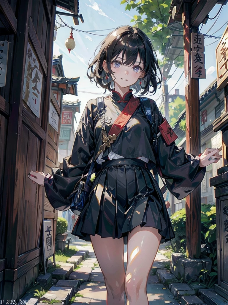 ((in shrine)), Taoist priest, rune paper on her face, Daoism, absurdres, RAW photo, extremely delicate and beautiful, masterpiece, Best Quality, ultra high resolution, 32k, hyperrealistic, ultra-detailed, detailed description, pale skin, 20 years old, detailed beautiful face and eyes, tearful mole, earring, Colossal tits, short medium hair, wavy hair, evil grin, whole body shot,