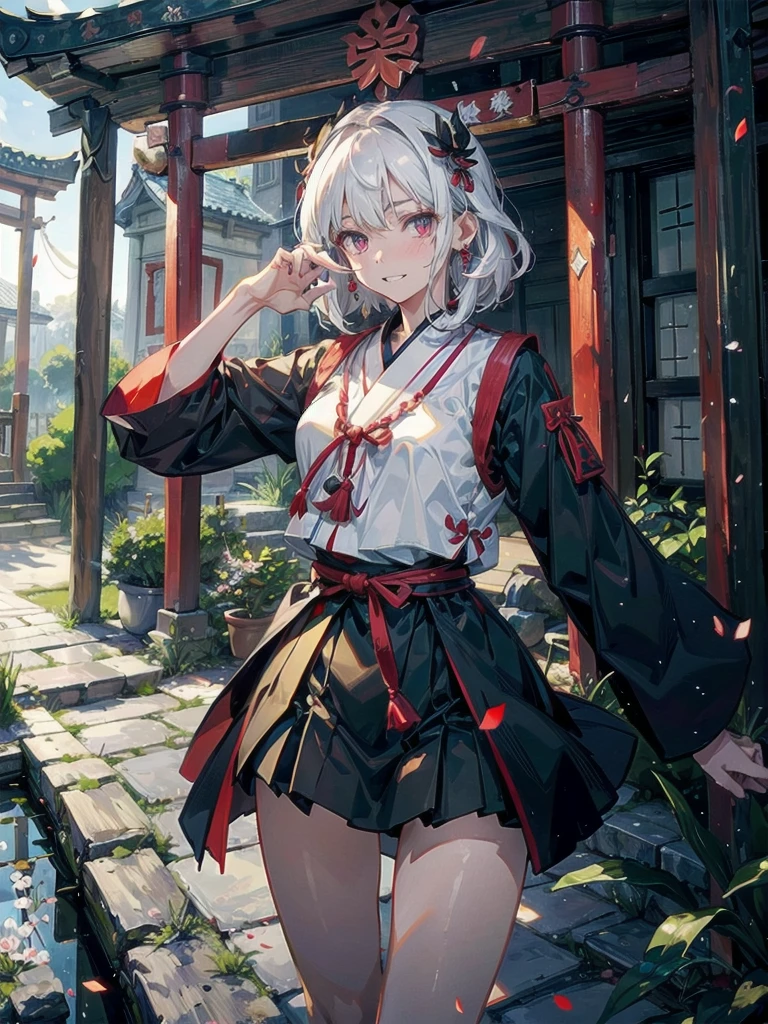 ((in shrine)), Taoist priest, rune paper on her face, Daoism, absurdres, RAW photo, extremely delicate and beautiful, masterpiece, Best Quality, ultra high resolution, 32k, hyperrealistic, ultra-detailed, detailed description, pale skin, 20 years old, detailed beautiful face and eyes, tearful mole, earring, Colossal tits, short medium hair, wavy hair, evil grin, whole body shot,