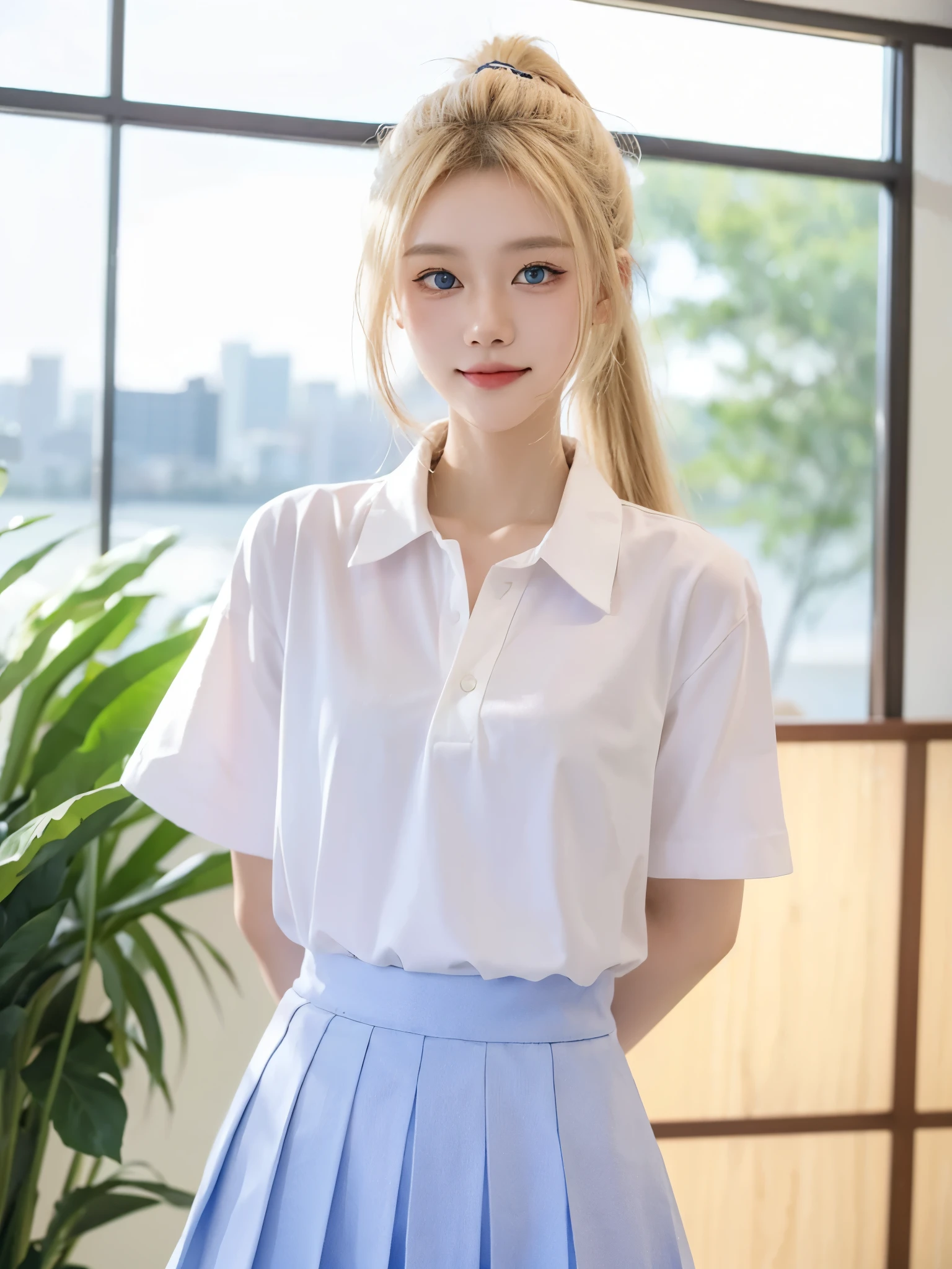 SFW picture, a Japanese high school student, 17 year old, long blonde hair in a ponytail, blue eyes, , white collared shirt, white button-up shirt, short-sleeved shirt, long pink skirt, smiling sweetly, Standing pose, at sunset view, 4k, ultra hd, ultra detail, full body photos