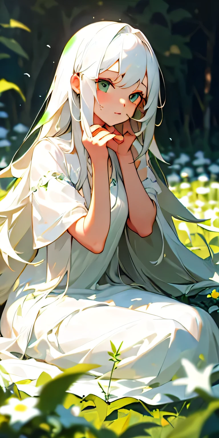 (masterpiece, highest quality),One girl with long white hair sitting in a field of green plants and flowers, She placed her hand under her chin, Warm lighting, White Dress, Blurred foreground