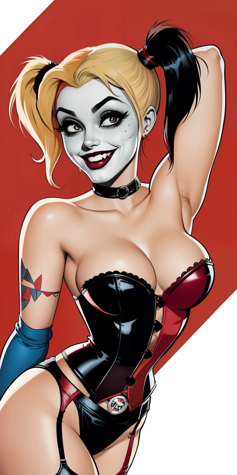 Beautiful women in the 50s of the 20th century,sexyposture,rely on,Poster style,vectorial art, (Harley Quinn), pinup, corset, cleavage, sideboob, blonde ponytails, smile, v eyebrows