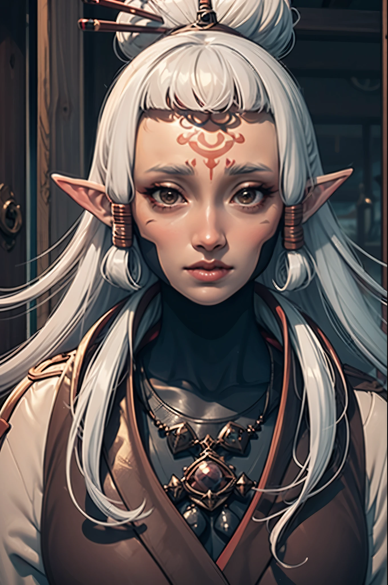 (masterpiece:1.1), (best quality:1.1), (detailed), 1girl, paya, long white hair, pointy ears, facial mark, (beautiful detailed girl), tawnyskin