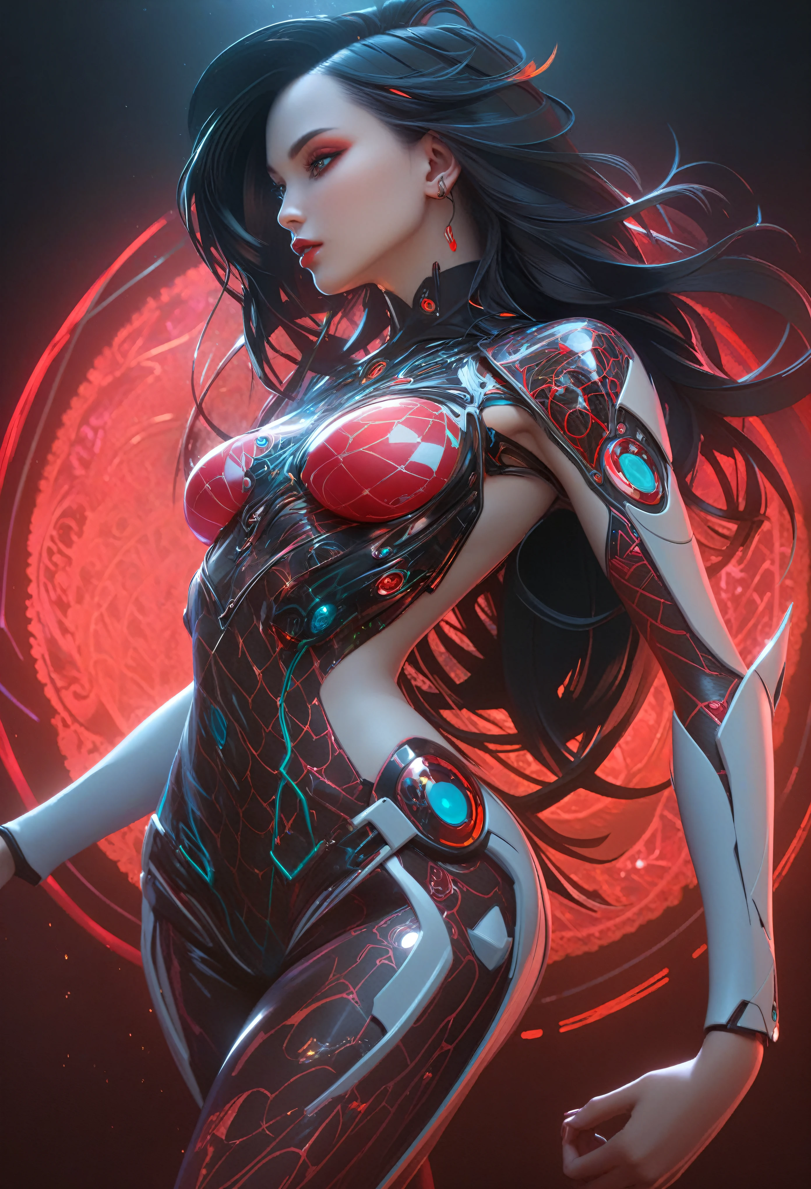 masterpiece, best quality,,(1girl:1.2) ,national_costume,science fiction,fang,(black long hair:1.2),, highly detailed, ultra detailed of a beautiful profile, biomechanical cyborg,deamon cyborg intricate, elegant, highly detailed, , sharp focus, red black hole, (red theme:1), MCSkin complex 3d render ultra detailed of a beautiful profile, biomechanical cyborg, beautiful natural soft rim light, , colorful details, , pearl earring, piercing, art nouveau fashion embroidered, intricate details, mesh wire, mandelbrot fractal, anatomical, facial muscles, cable wires, microchip, badass, hyper realistic, ultra detailed, octane render, volumetric lighting, 8k post-production, red and white with a bit of black, detailled metalic bones, semi human, iridescent colors, Glenn Brown style, black room, ,backlighting,cinema light,fficial art, unity 8k wallpaper, ultra detailed, beautiful and aesthetic, masterpiece, best quality, (zentangle, mandala, tangle, entangle), (fractal art:1.3) , 1girl, extremely detailed, dynamic angle, cowboyshot, the most beautiful form of chaos, elegant, a brutalist designed, vivid colours, romanticism, by james jean, roby dwi antono, ross tran, francis bacon, michal mraz, adrian ghenie, petra cortright, gerhard richter, takato yamamoto, ashley wood, atmospheric, ecstasy of musical notes, streaming musical notes visible