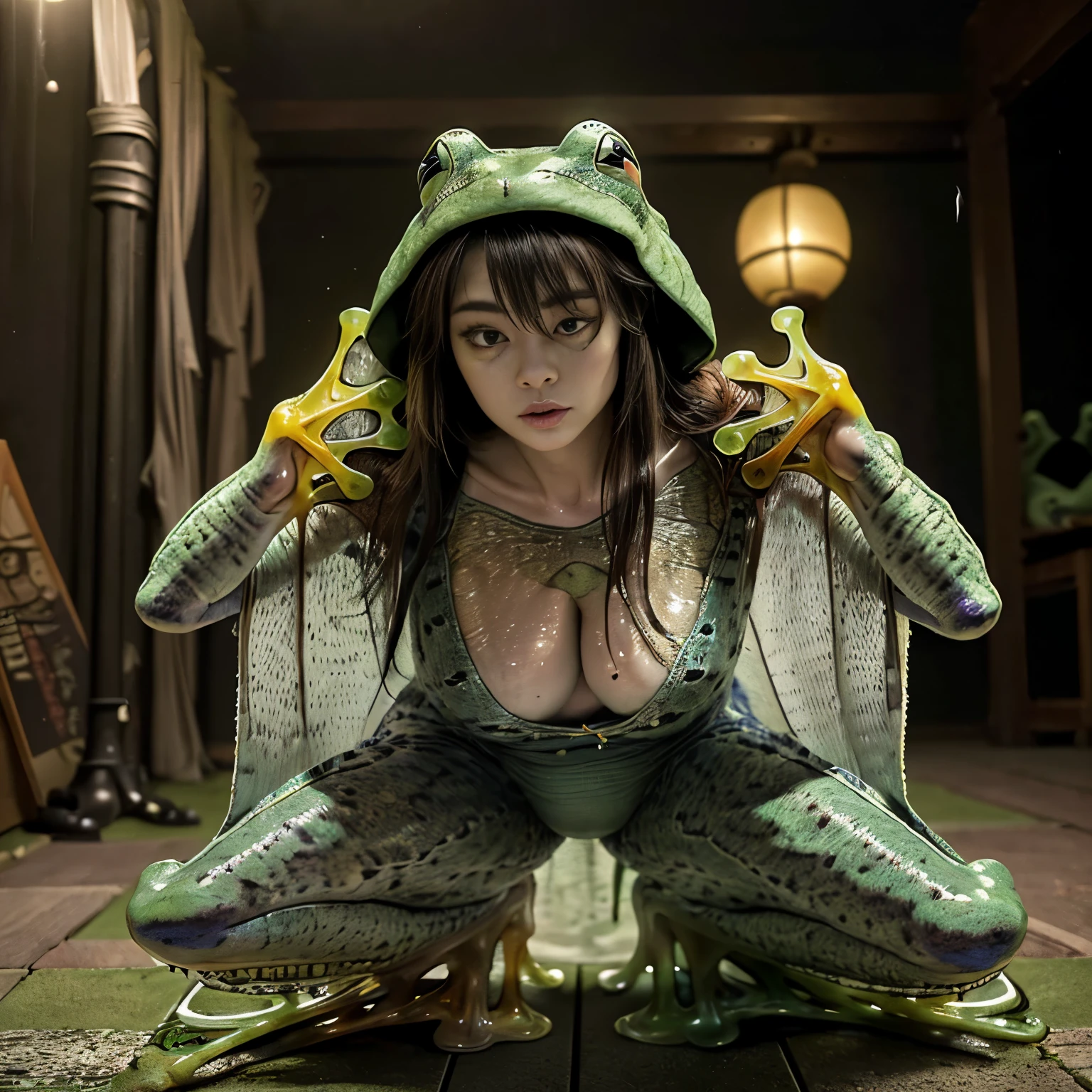 (highest quality、4k、8k、High resolution、masterpiece: 1.2)、Super detailed、(Real、Photorealistic、Photorealistic: 1.37)、Full Body Portrait、media: Fantasy、Horror、ダーク Fantasy、Creatures、ハイブリッド Creatures、(Anatomically correct fingers: 1.4 )、(The upper body of a beautiful young woman)and((A hybrid creature with the lower body of a frog: 1.5))、(Squats with legs open:1.5)、Visualization of mythical creatures、yukata、Dark atmosphere、Dim color、Spooky lighting