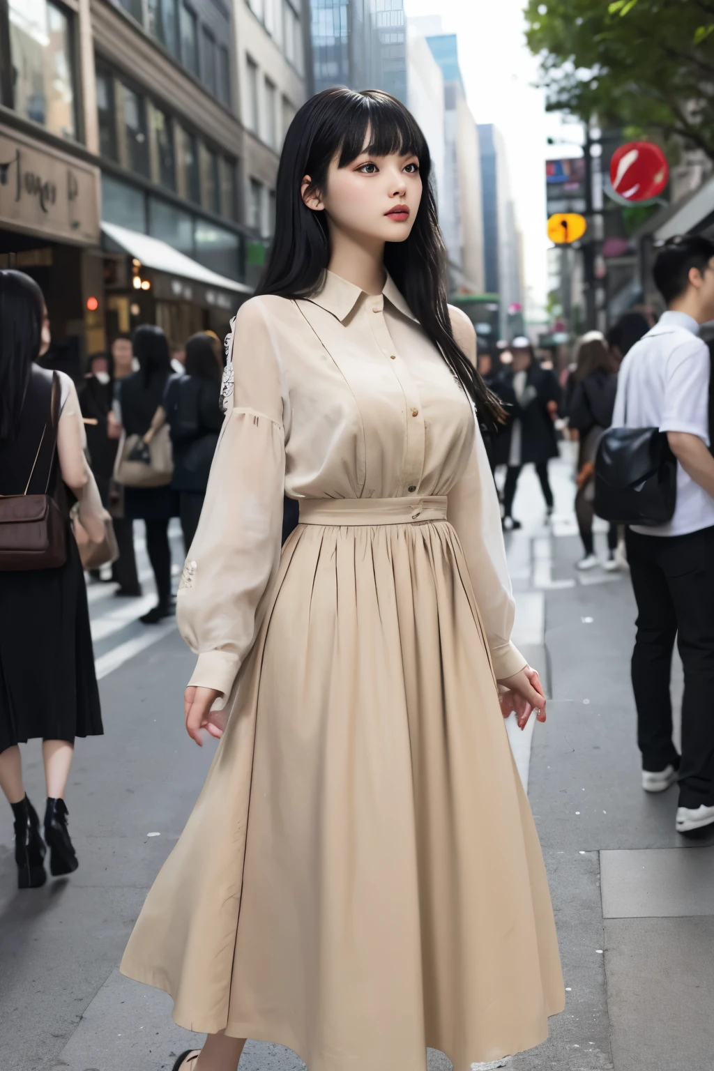 Masterpiece、highest quality、Woman 1、Super detailed Black Hair、Long Hair、Blunt Bangs Beige buttoned dress、Long skirt Right in the middle of the city、A crowded city