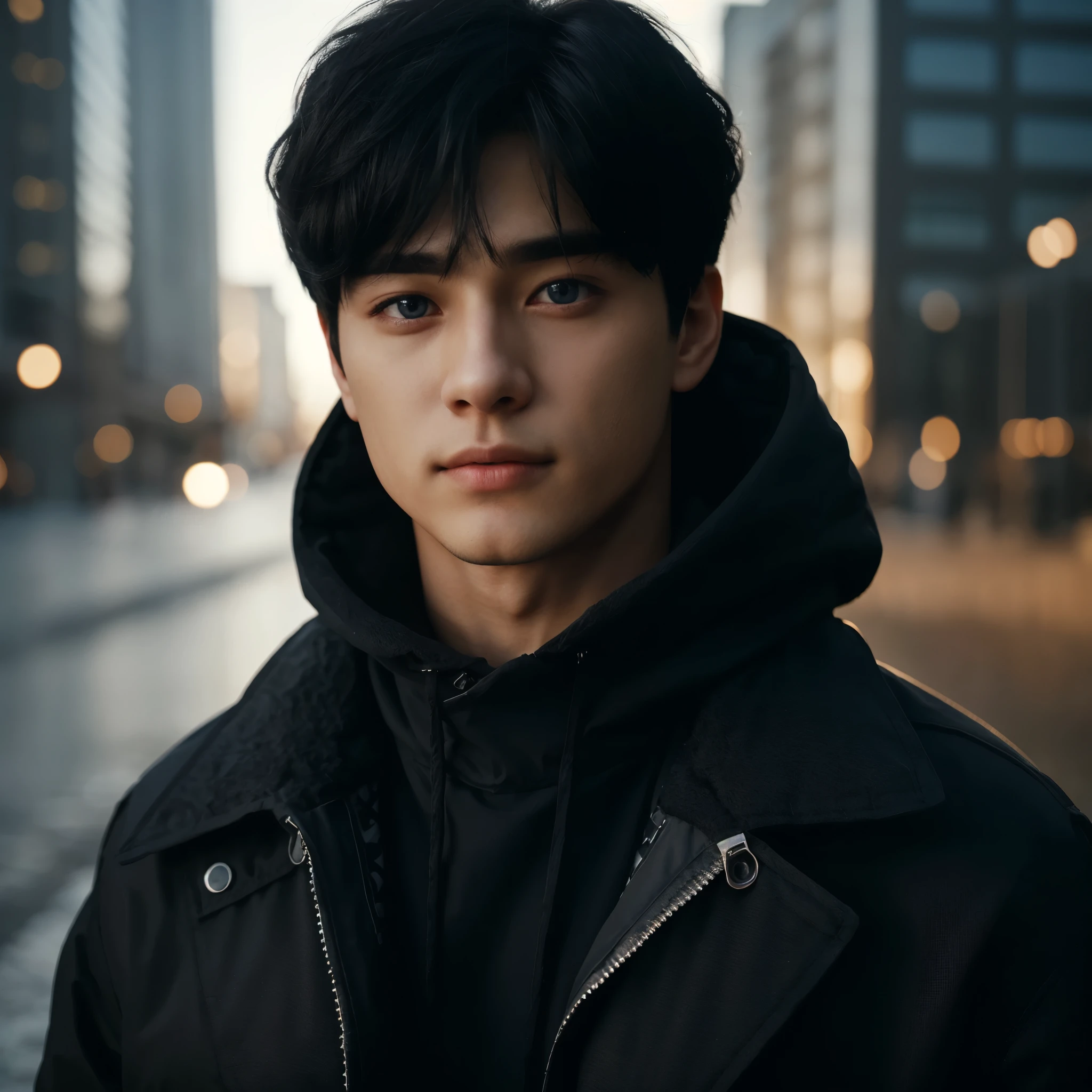 25 year old ager, black hair, blue eyes, light skin, black jacket parka, handsome, Korean features, ultra realistic, 8k, high definition, high quality, natural light, ambient light, cinematic.