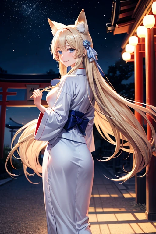 Long blond man　Kemomimi　Blue Eyes　White kimono　Fan in hand　Back view　Turning around　Smiling shyly　Dancing　Domestic　torii　night　darkness　unrealistic　Fox fire all around　