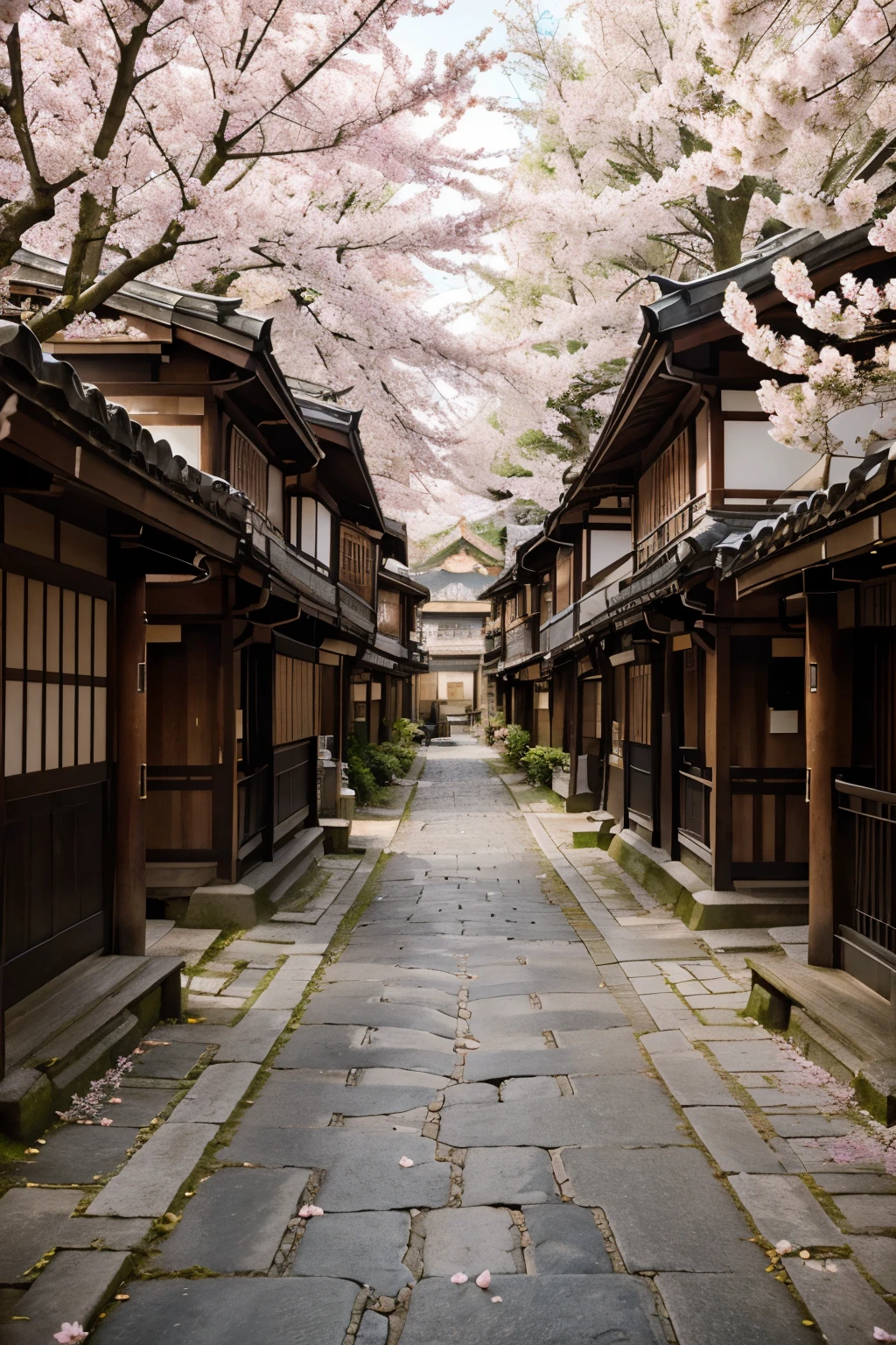arafed view of a lively traditional japanese village with winding cobblestone road, dark wood traditional japanese houses of different levels, lanterns, tea houses, shops, cherry blossom trees, men and women in kimonos walking in a beautiful spring day, amazing wallpaper, hyper realistic photo by Raymond Han, ancient japanese castle can be seen at the far end of the road, beautiful and aesthetic, photography, cinematic, 8k, high detailed ((Spring time)))