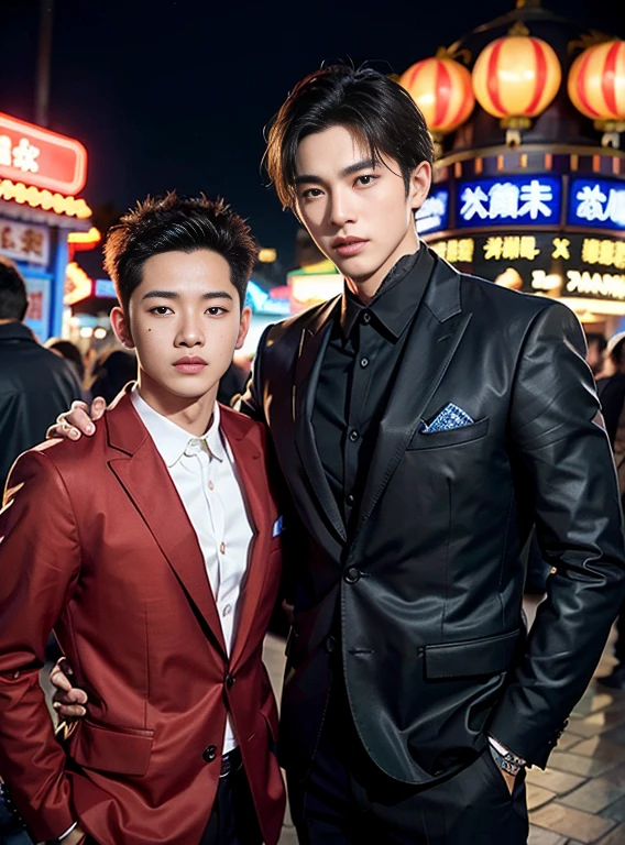 （Chinese handsome：1.5），Two men at an amusement park，the night，masculine pose，realistic detail， photograph of-realistic，textureskin，looking to the camera，18-year-old boy,Studio,