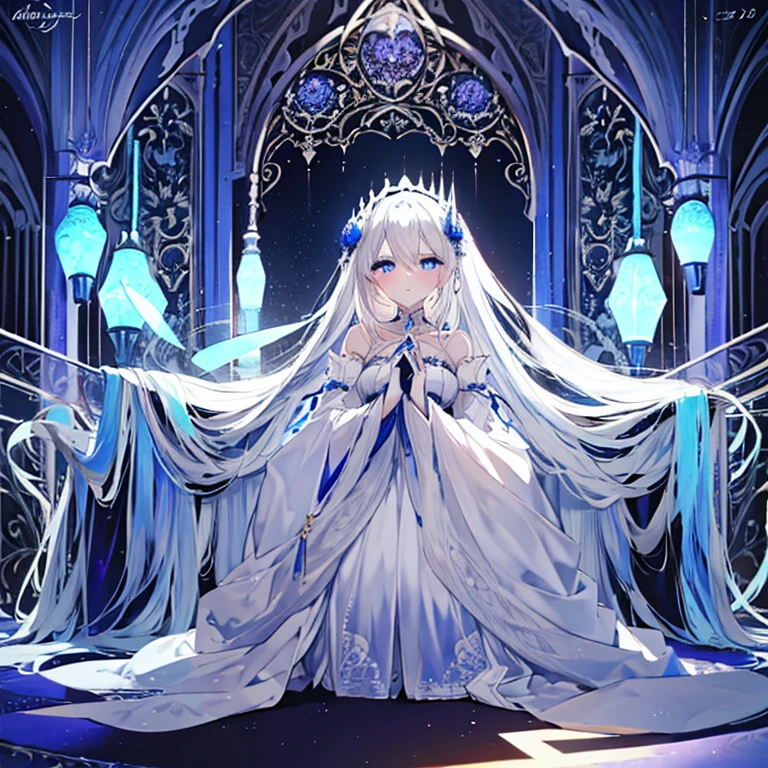 Create a mesmerizing high-resolution masterpiece (1.2) of a gothic anime girl with long, flowing white hair and piercing blue eyes. Her outfit is a traditional maiden's dress, adorned with intricate details and a captivating design, showcasing her elegant and sultry personality. The zerochan art style adds an extra layer of detail and realism (1.37) to every curve and line, transporting you into a world of enchantment and romance. The nightcore theme adds a sense of mystery and excitement, with soft and romantic lighting illuminating the scene. The light and dark color scheme further emphasizes the contrast between the girl's ethere