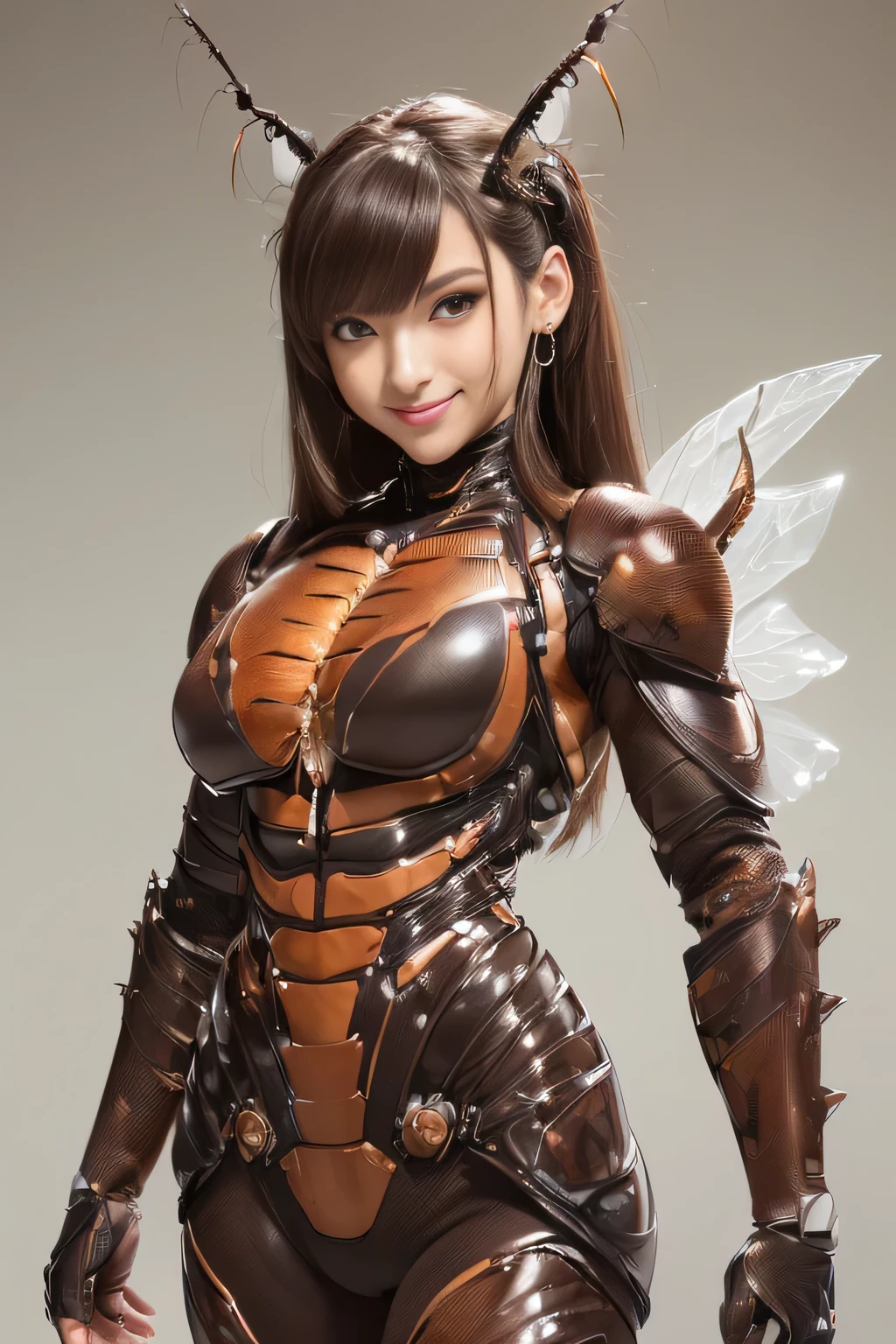 (high resolution,masterpiece,best quality,extremely detailed CG, anime, official art:1.4), realistic, photo, amazing fine details, all intricate, gloss and shiny,awesome many layers, 8k wall paper, 3d, sketch, kawaii, illustration,( solo:1.4), perfect female proportion,villainess, (fusion of dark brown cockroach and lady:1.4), (brown cockroach form lady:1.2), (brown cockroach lady:1.2), (fusion:1.2), (solo:1.4), (evil smile:1.2), muscular, abs, (cockroach brown exoskeleton bio insect suit:1.4), (cockroach brown exoskeleton bio insect armor:1.2), (brown transparency cockroach wing:1.4), (brown cockroach antennae:1.3),