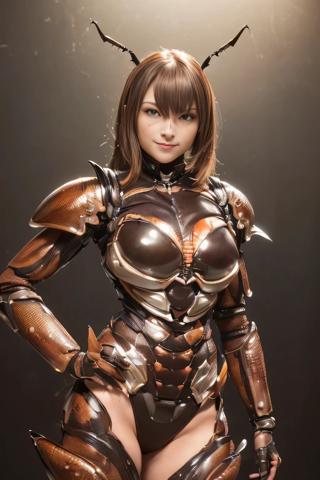 (high resolution,masterpiece,best quality,extremely detailed CG, anime, official art:1.4), realistic, photo, amazing fine details, all intricate, gloss and shiny,awesome many layers, 8k wall paper, 3d, sketch, kawaii, illustration,( solo:1.4), perfect female proportion,villainess, (fusion of dark brown cockroach and lady:1.4), (brown cockroach form lady:1.2), (brown cockroach lady:1.2), (fusion:1.2), (solo:1.4), (evil smile:1.2), muscular, abs, (cockroach brown exoskeleton bio insect suit:1.4), (cockroach brown exoskeleton bio insect armor:1.2), (brown transparency cockroach wing:1.4), (brown cockroach antennae:1.3),