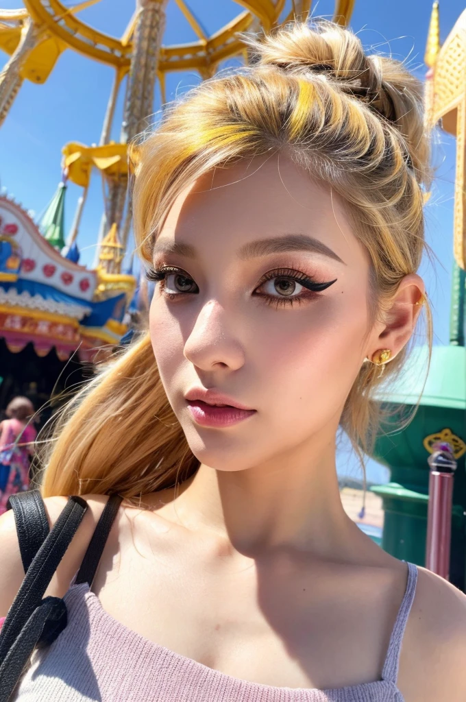 Ultra-realistic capture, Highly detailed, High resolution 16k close-up of human skin. Skin texture must be natural, With such detail that pores can be finely identified, Skin should look healthy, In a uniform tone. Use natural light and color, photo realistic, Full Body Shot, full body, best quality, masterpiece, highres, (detailed:1.4), 1 girl, (thick eyeliner), bright hair color, streak, hair extensions, thick eyeshadow, Fair-skinned, extremally thin eyebrows, Highlighted eyes with eyeliner, false eyelashes, off-the-shoulder top, Mini skirt, Take a selfie, Amusement park