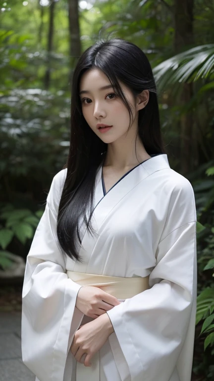 Beautiful Japan woman in white kimono,White skin, Beautiful Face,Skinny body, Very small breasts, nightの青木ヶ原樹海を歩く, Long flowing black hair, Beautiful Eyes, Mysterious Forest, Horror photorealism style, night, There is no way, There&#39;s earth beneath my feet, Horror movie atmosphere,