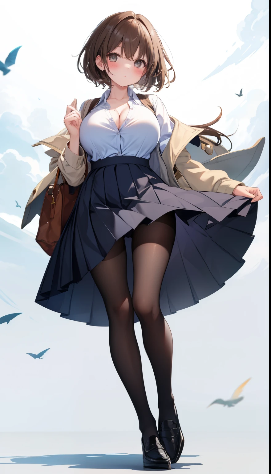 One Girl、Positive、From above、Full body portrait、Brown haired、Medium Haircut、blush、Absolute area、Knee socks、stockings、pantyhose、レースpantyhose、White underwear、Cleavage、Light blue cut shirt、Unbutton your shirt、Shirt buttons fly off、Navy blue checkered pleated skirt、Very short skirt、garden、Daytime、(Very big boobs)、((Full Body Lesbian))、masterpiece、(highest quality)、Panties around the ankles、loafers、The wind blows up my skirt