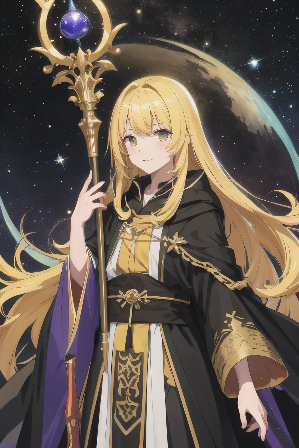 man, Mages, long yellow hair, dark fantasy, Detailed yellow and black cosmic robe, universe staff