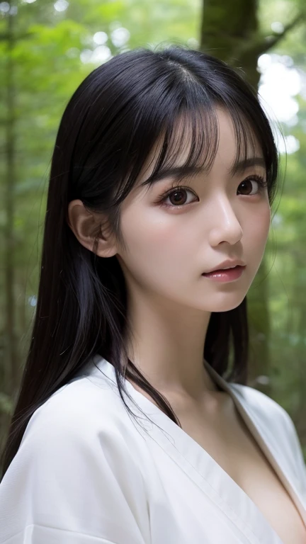 Beautiful Japan woman in white kimono,White skin, Beautiful Face,Skinny body, Very small breasts, nightの青木ヶ原樹海を歩く, Long flowing black hair, Beautiful Eyes, Mysterious Forest, Horror photorealism style, night, There is no way, There's earth beneath my feet, Horror movie atmosphere,