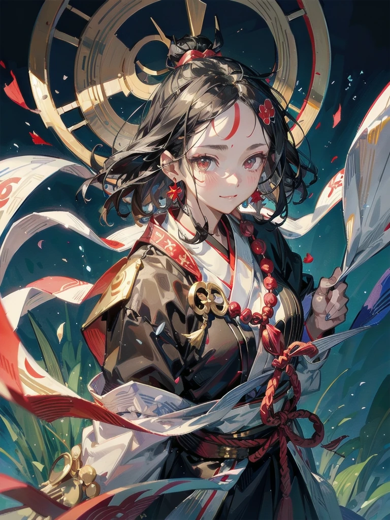 Taoist priest, ((ofuda on forehead)), Daoism, absurdres, RAW photo, extremely delicate and beautiful, masterpiece, Best Quality, ultra high resolution, 32k, hyperrealistic, ultra-detailed, detailed description, pale skin, 20 years old, detailed beautiful face and eyes, tearful mole, earring, Colossal tits, short medium hair, wavy hair, evil grin, whole body shot,