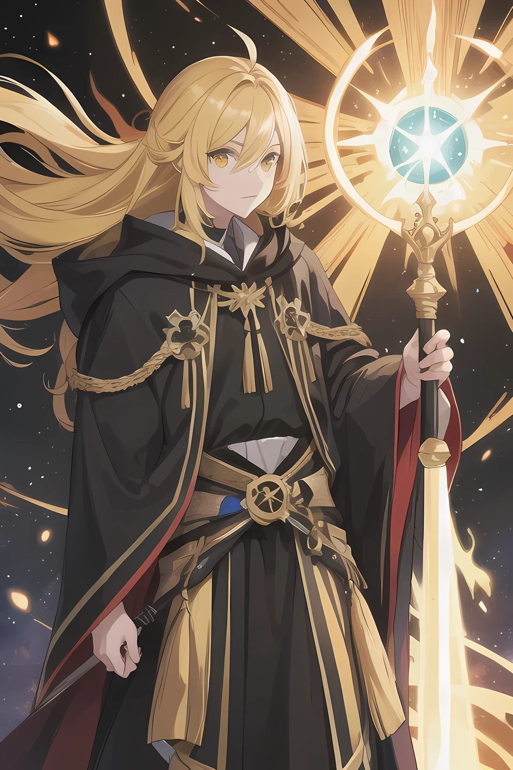 man, Mages, long yellow hair, dark fantasy, Detailed yellow and black cosmic robe, universe staff