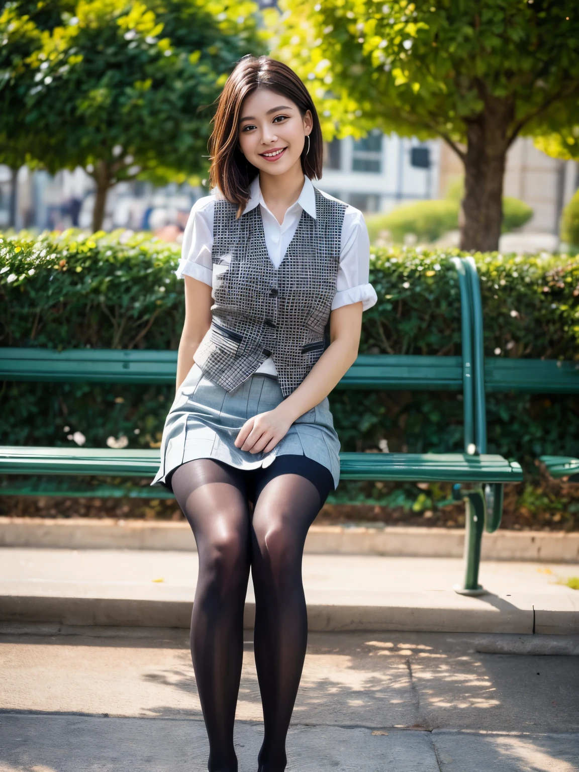 最high quality, 8K, Masseter area, Energetic, Clear focus, high quality, high resolution, Delicate face, Fine particles, thick lips, (Looking at the audience), Solitary, Beautiful woman, 38 years old, Plum, Black short hair, (Hip skirt:1.5), afternoon、In front of the park garden,(Sitting on a bench:1.5)、((Smile:1.5))、((Wearing black high heels))